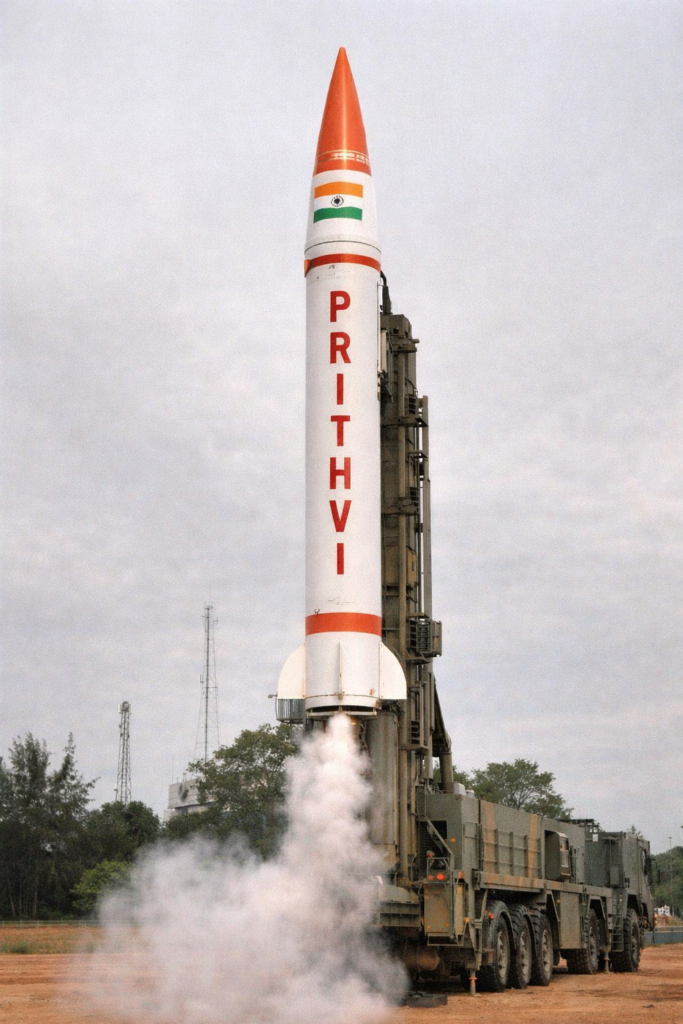 The Prithvi missile mounted vertically on a mobile transporter launcher during a ground test or display.
