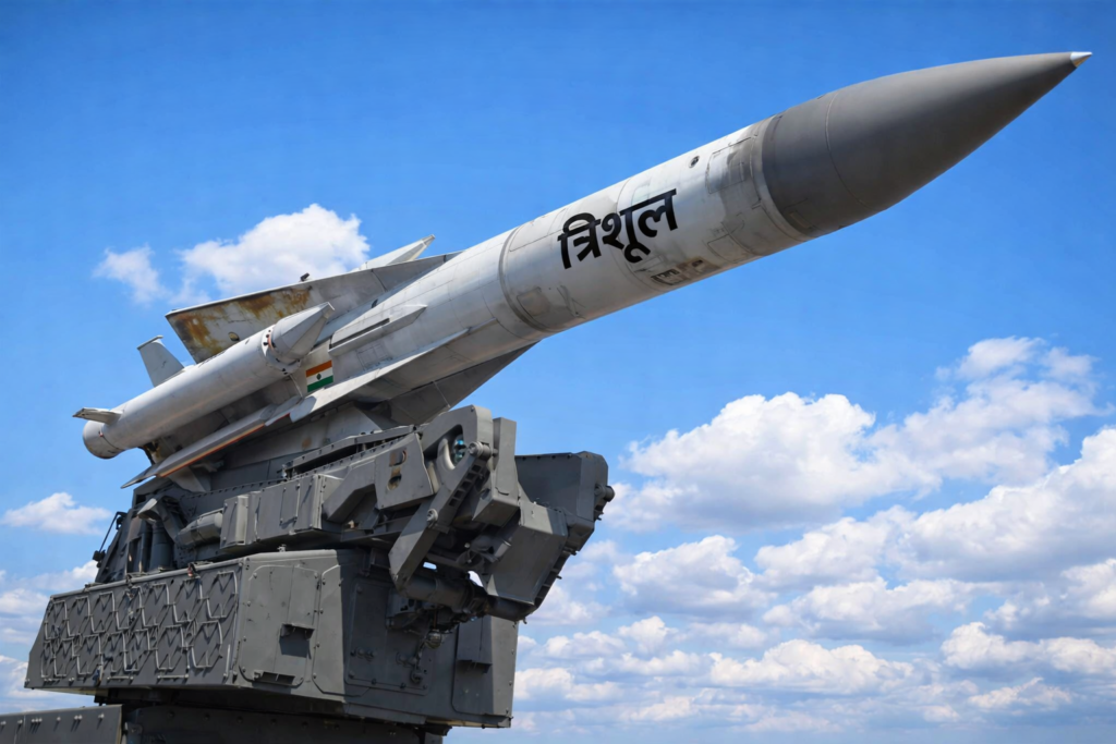 The Trishul missile mounted on a ground-based launcher, displayed against a clear blue sky.