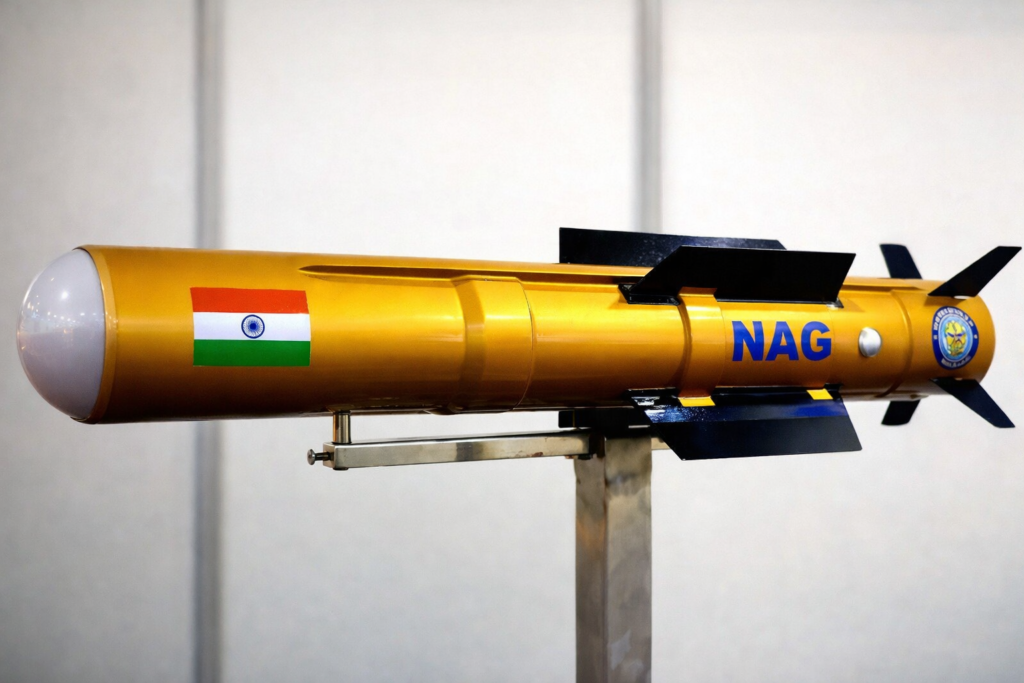 A Nag anti-tank guided missile displayed on a stand, marked with the Indian national flag and the name тАЬNAG.тАЭ