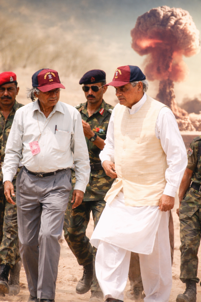 Senior defence officials and military personnel walking at a test site, with an explosion cloud visible in the background.