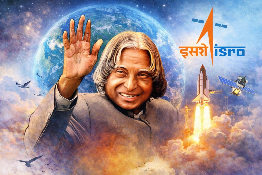 An inspirational illustration of an Indian scientist waving, with Earth, a rocket launch, satellites, and the ISRO logo in the background.